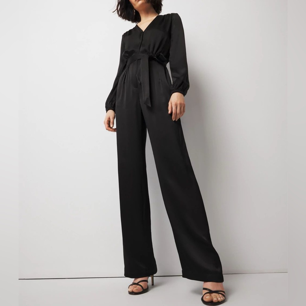 Whbm V Neck Satin Long Sleeve Wide Leg Black Jumpsuit Size 6 New